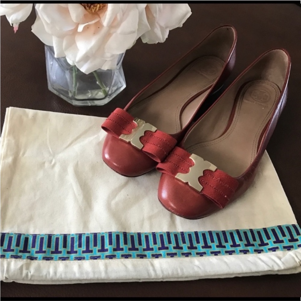 Tory Burch Red Leather Ballet Flats with Logo Bow